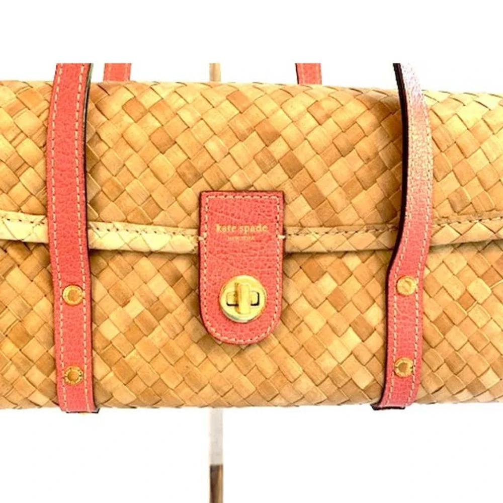 Kate Spade Wine / Picnic Basket shoulder bag Straw Wicker Rattan Pink trim - Picture 2 of 10